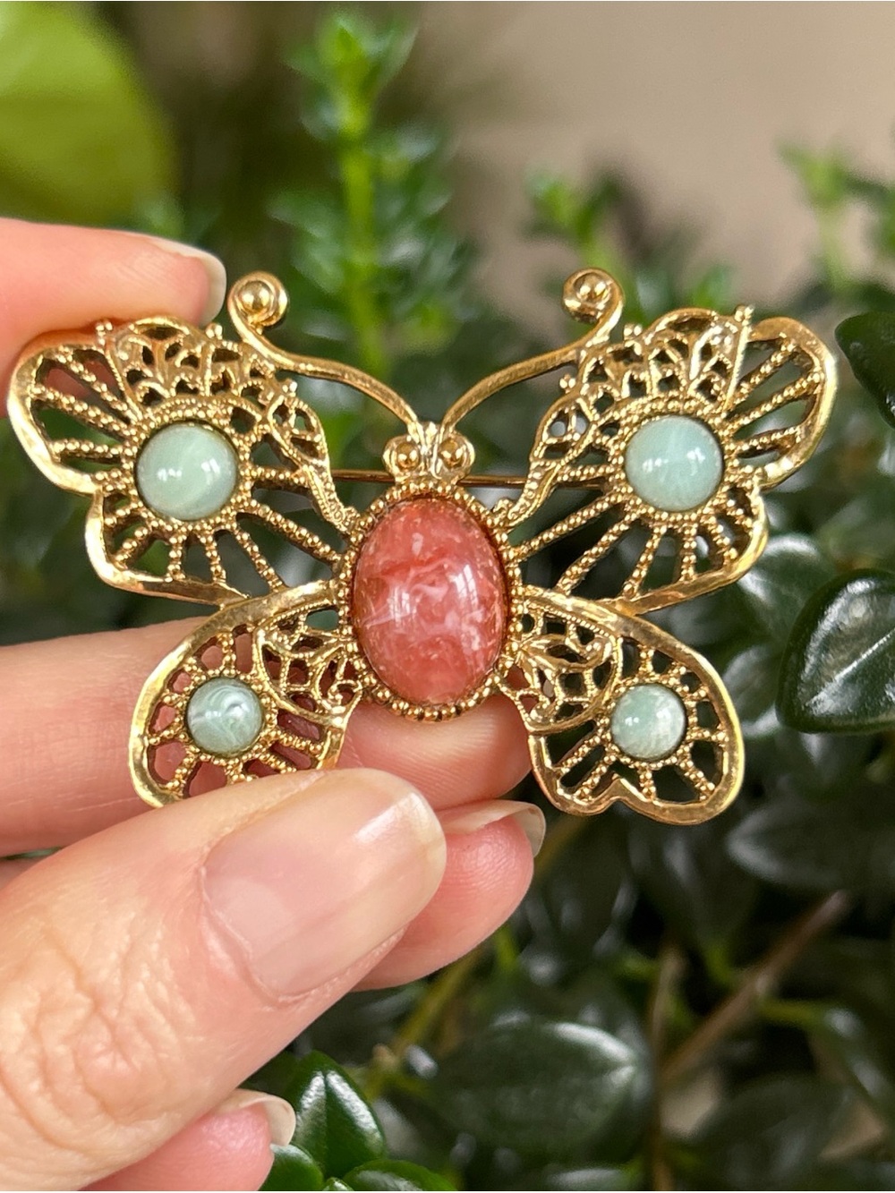 Vintage Gold Toned Butterfly Brooch with Coral and Mint Stones